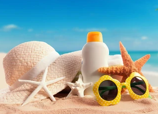 sunblock, hat, sunglasses, beach